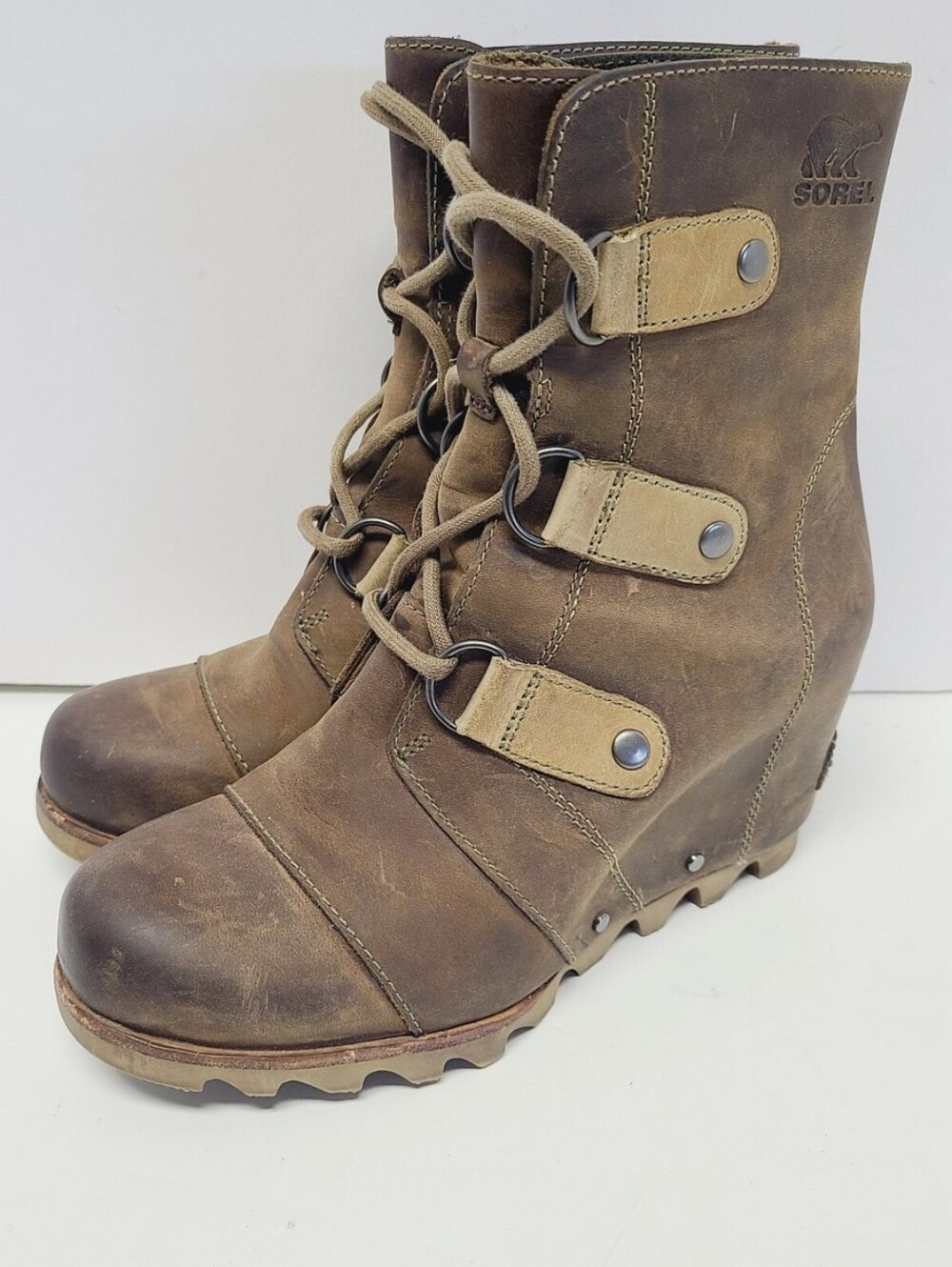 Sorel Joan of Arc Wedge Lace Up Boots Weathered Distressed Grunge Punk Sz 8.5